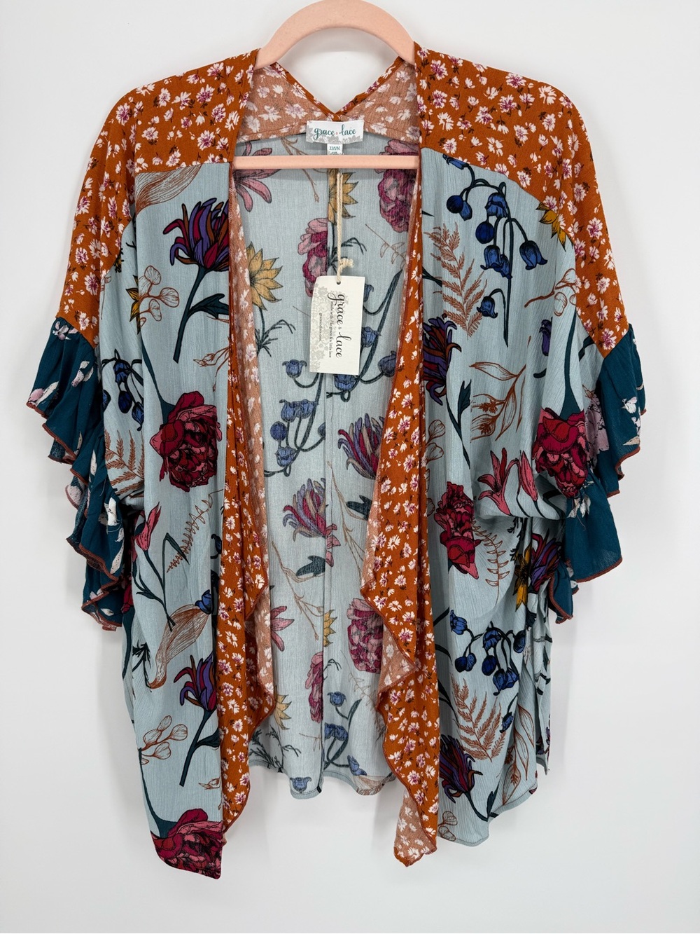 Grace & Lace Floral Kimono Cardigan Ruffle Sleeve Boho Cottage Blue size XS/S/M